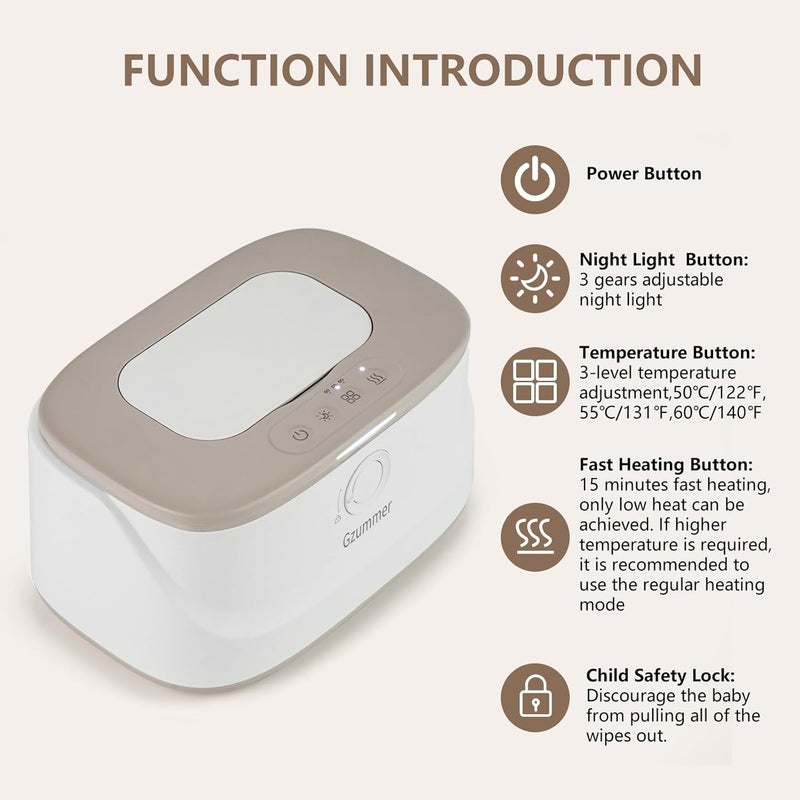 Gzummer Baby Wipe Warmer, Wipe Warmer and Baby Wet Wipes Dispenser, 3 Temperature Control Large Capacity Wipes Warmer for Babies with Night Light (Gray+White) - Image 4